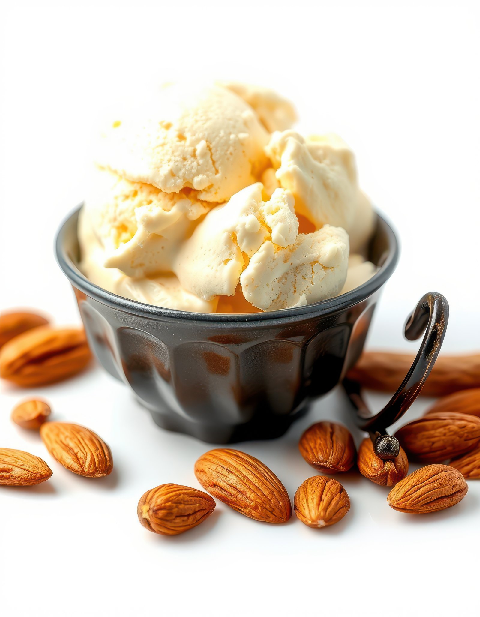 Creamy vanilla ice cream served in a black bowl surrounded by almonds and hazelnuts on a white background